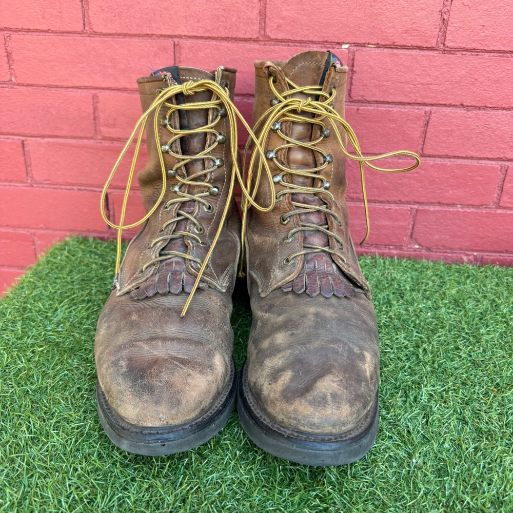 Justin Mens Double Comfort Leather Work Boots Brown Lace Up Kiltie 760 15EE USA
